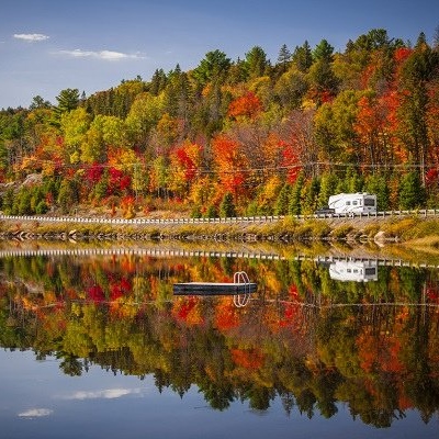 RV on the roads of Quebec during autumn
