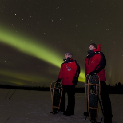Two people staring at the northern lights above